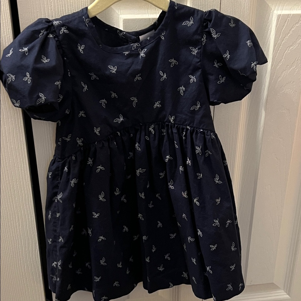 NWOT. Girls Navy Puff-Sleeve Cotton Dress with White Floral Motif